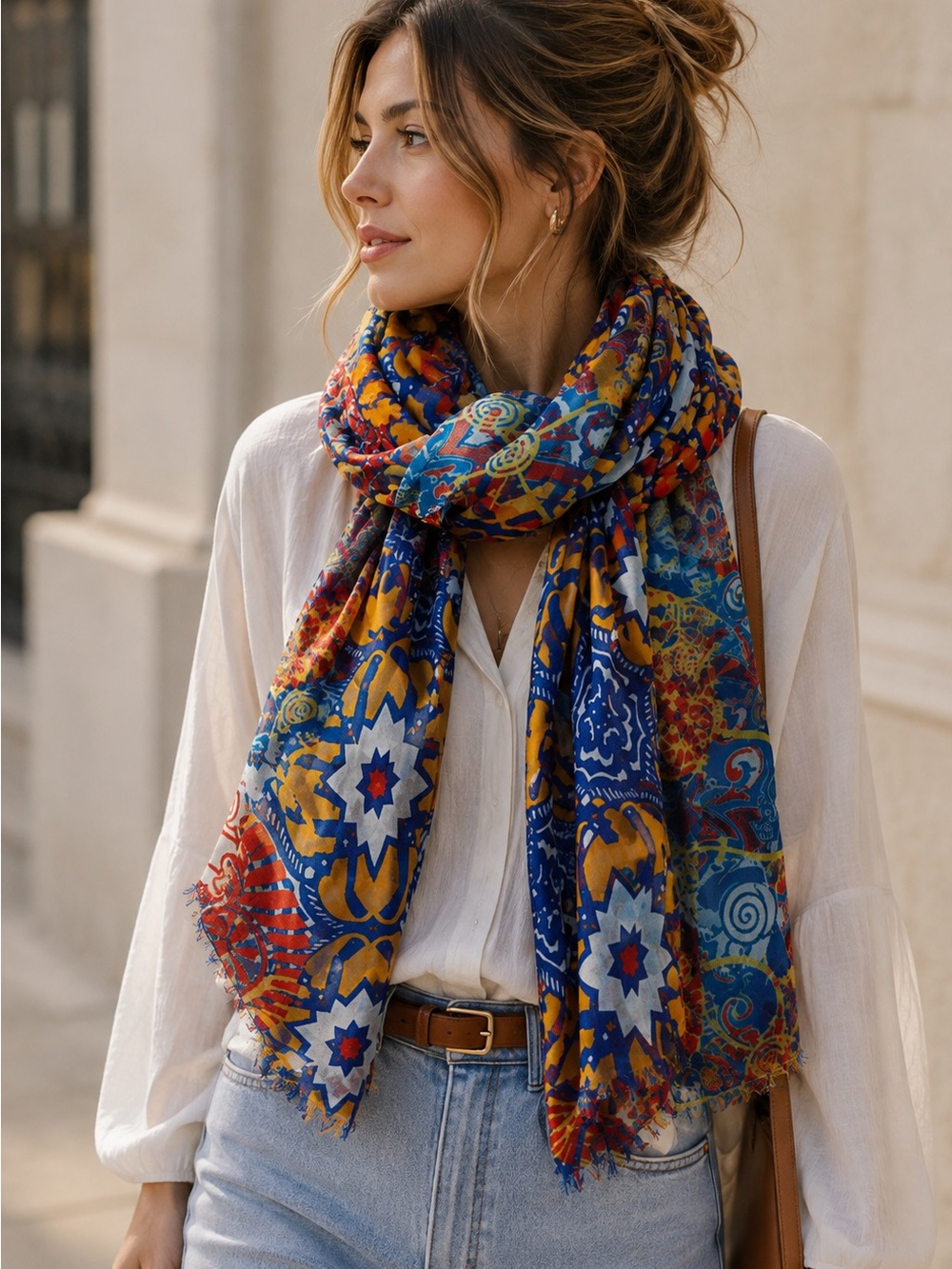 Vakko Multicolor Floral & Geometric Print Scarf in Blue, Gold and Coral